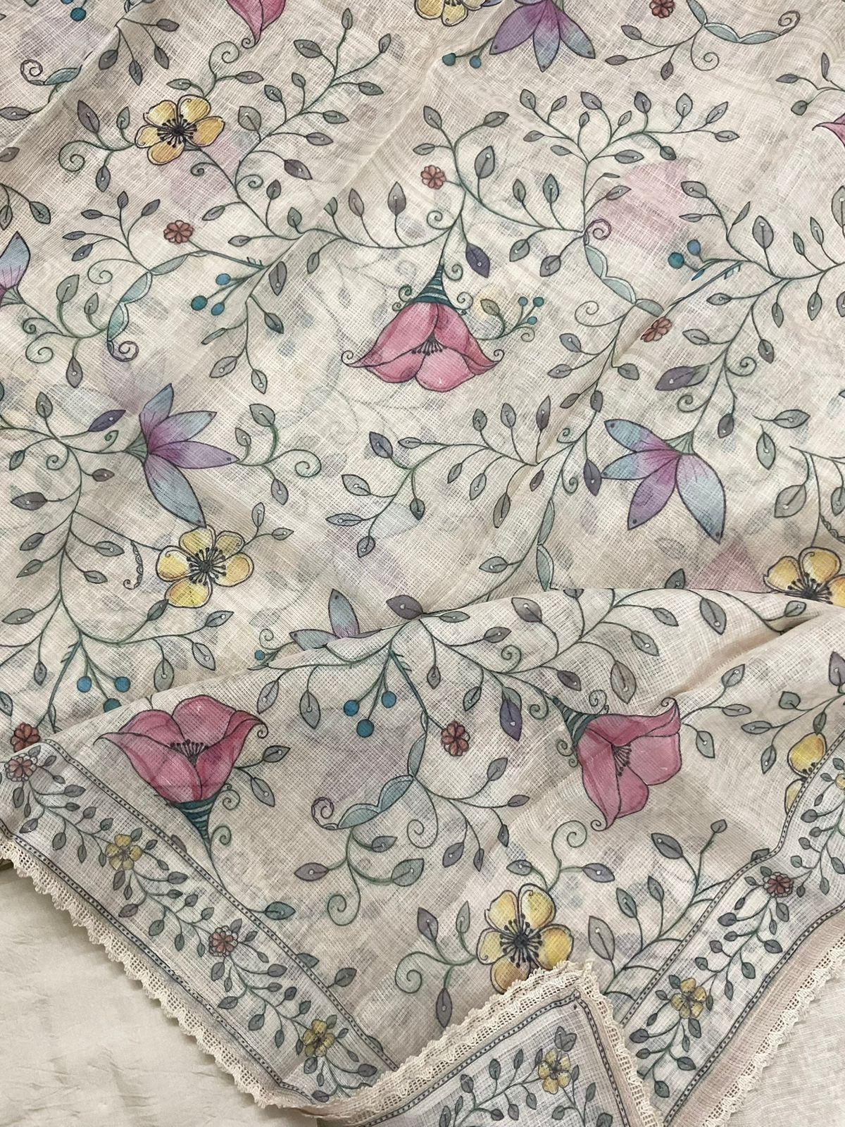 Soft Linen Jute Cotton Printed Embroidered Suit - Cream