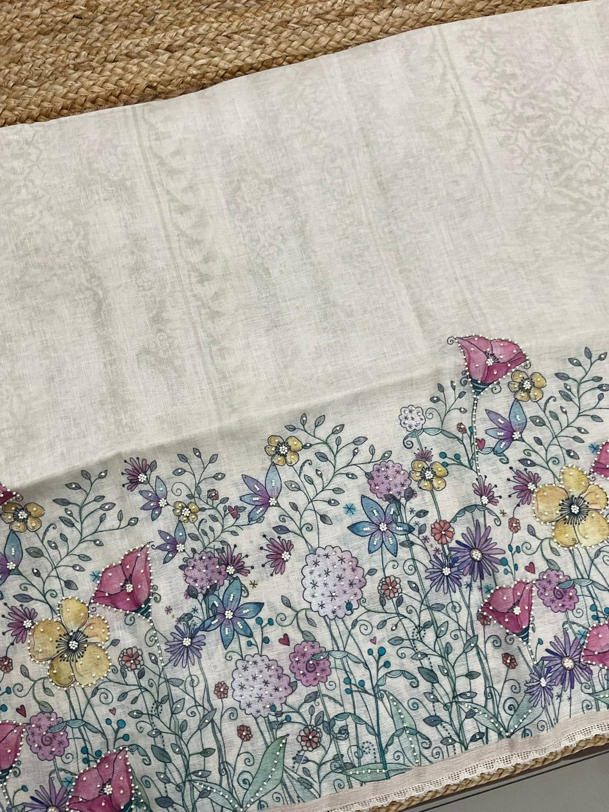 Soft Linen Jute Cotton Printed Embroidered Suit - Cream