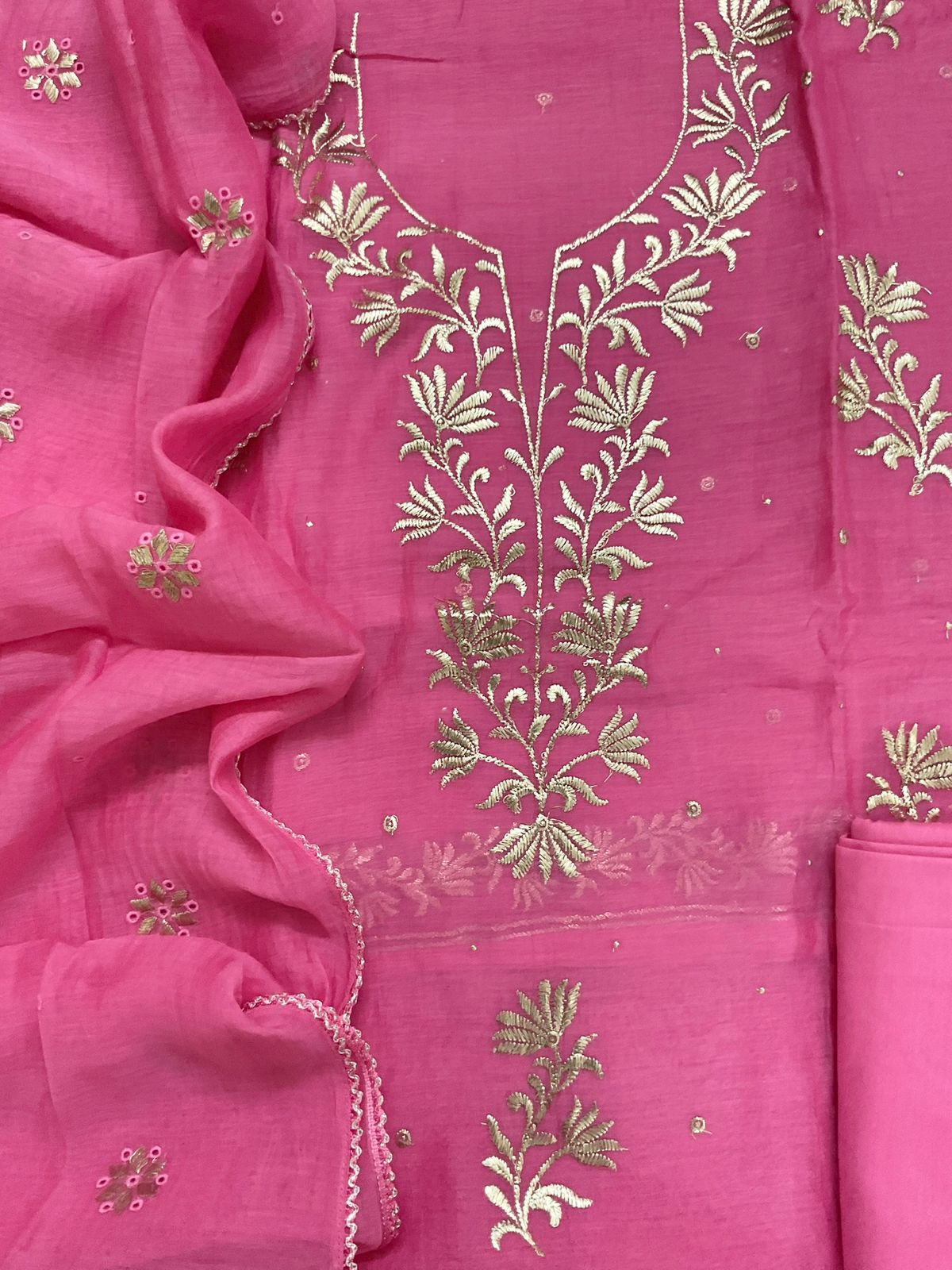 Pure Mul Chanderi Embroidered Suit - Pink