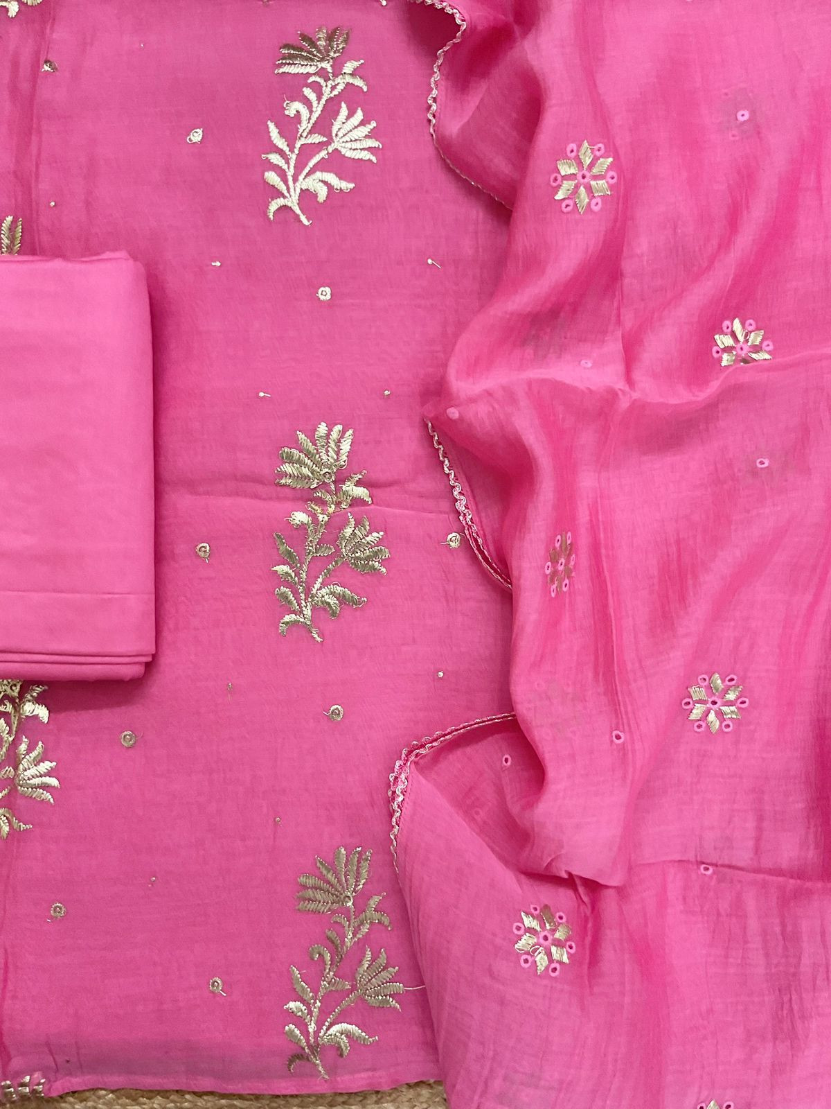 Pure Mul Chanderi Embroidered Suit - Pink