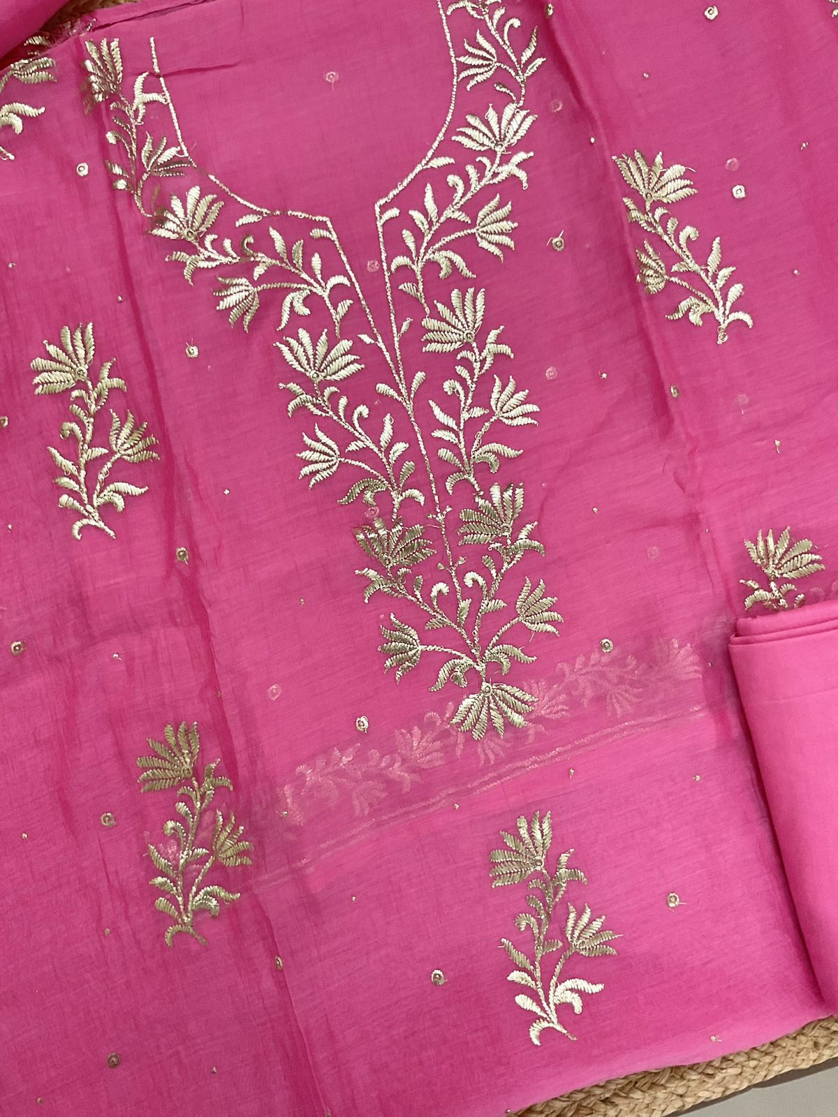 Pure Mul Chanderi Embroidered Suit - Pink