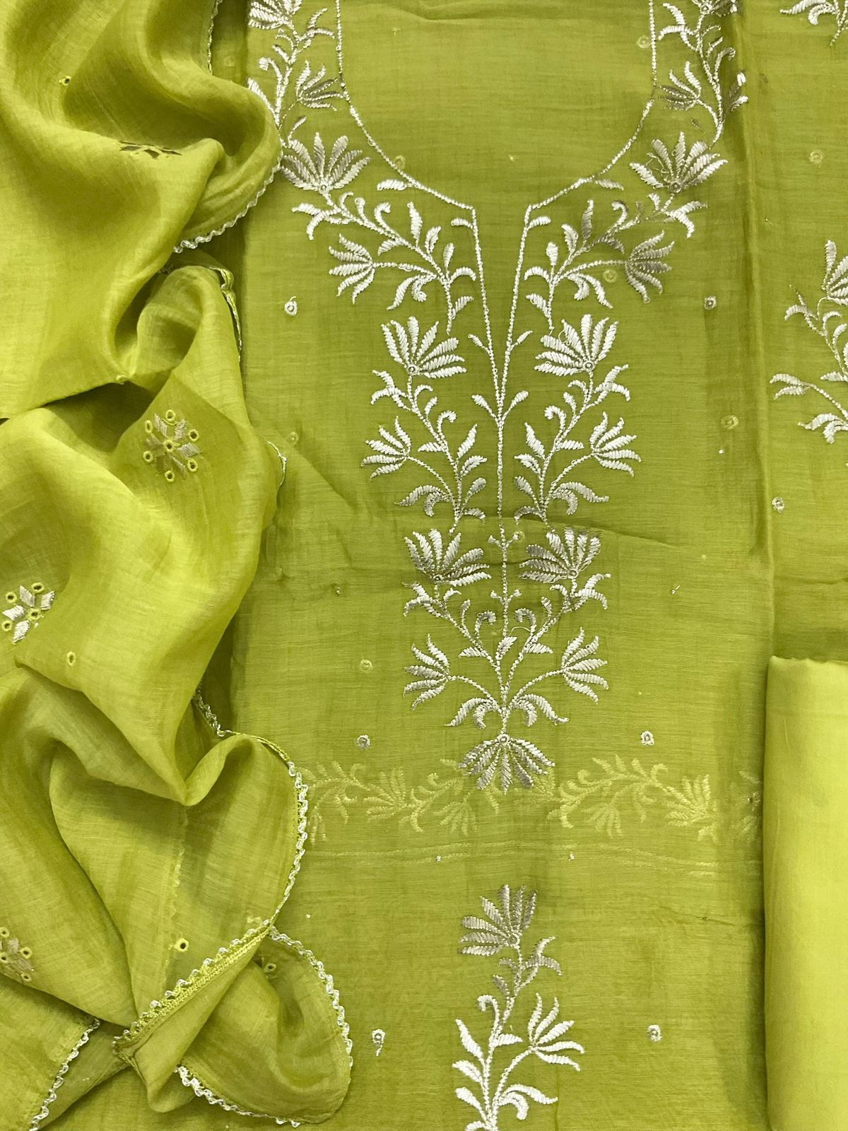 Pure Mul Chanderi Embroidered Suit - Green