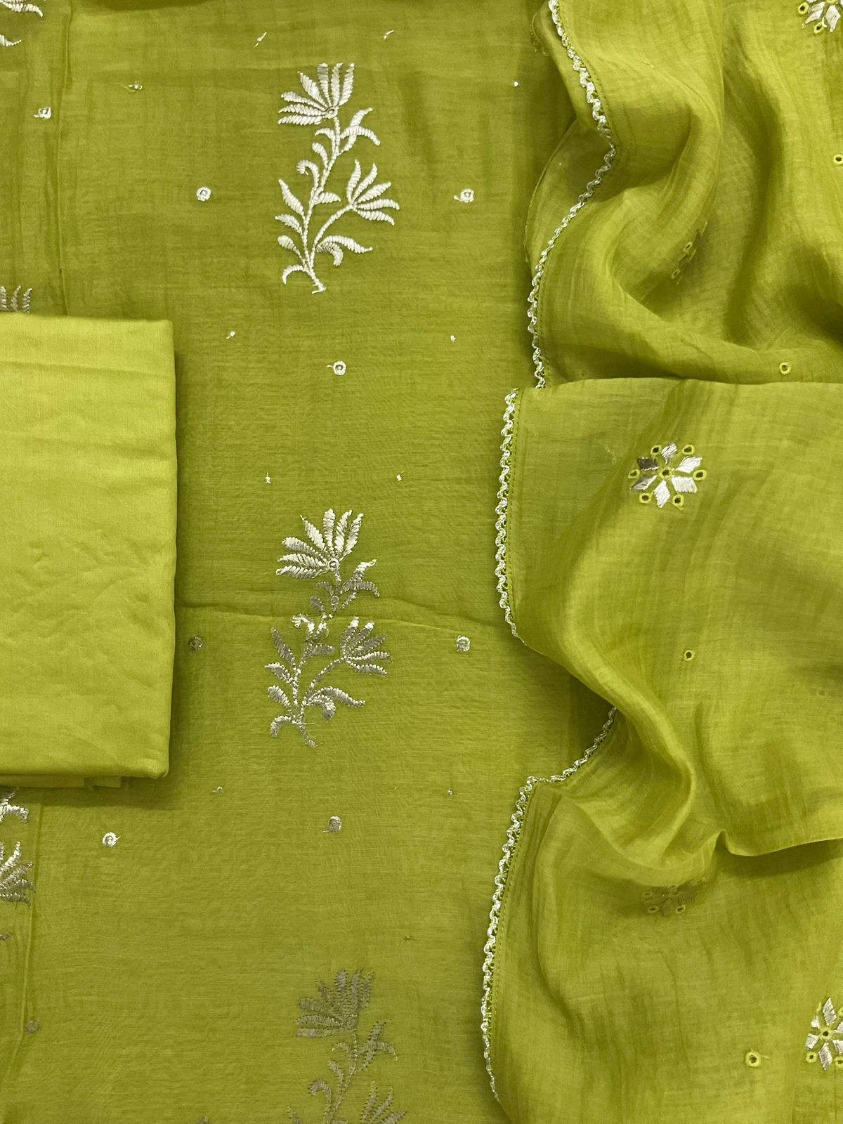 Pure Mul Chanderi Embroidered Suit - Green