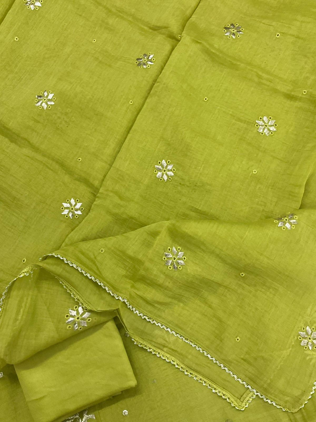 Pure Mul Chanderi Embroidered Suit - Green