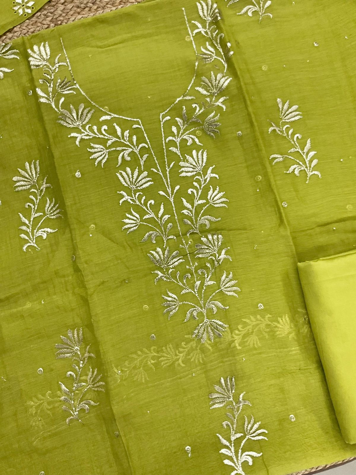 Pure Mul Chanderi Embroidered Suit - Green