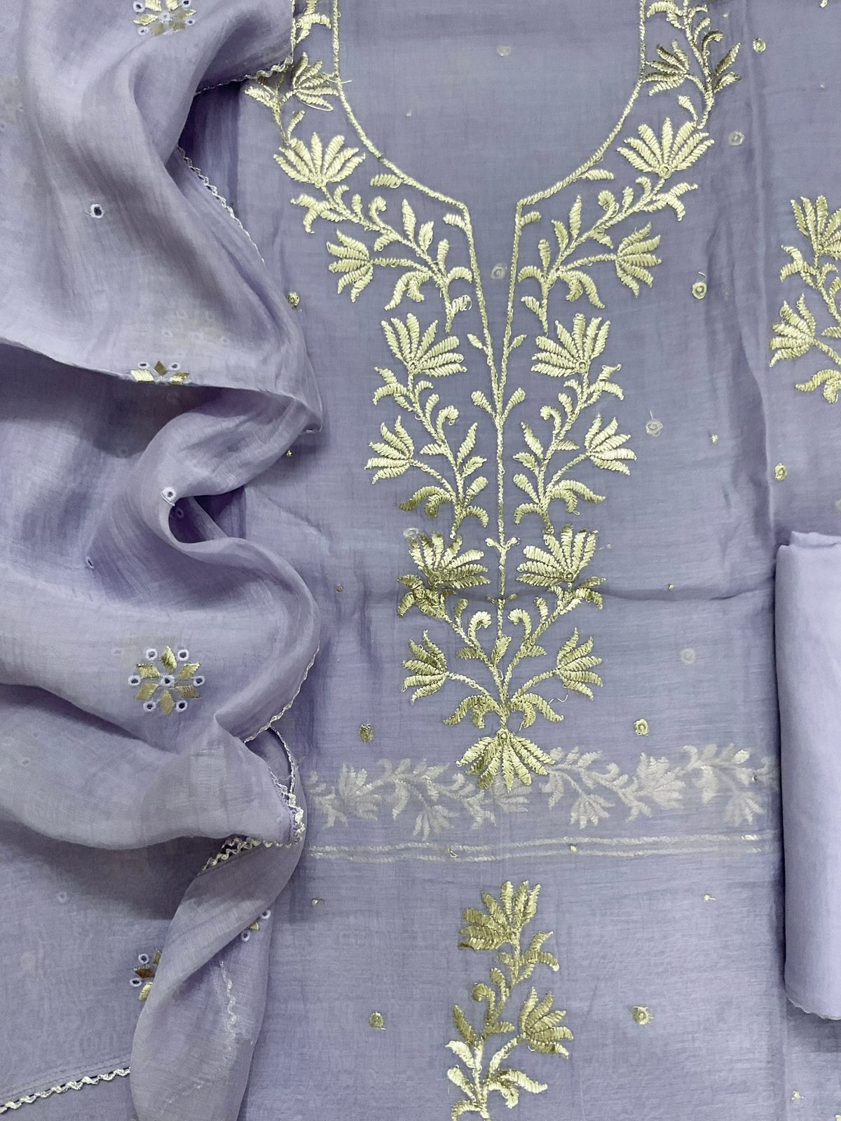 Pure Mul Chanderi Embroidered Suit - Lavender
