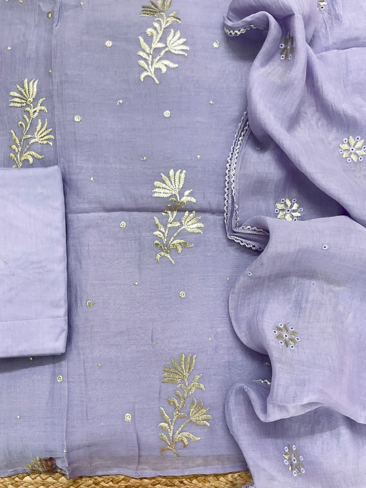 Pure Mul Chanderi Embroidered Suit - Lavender