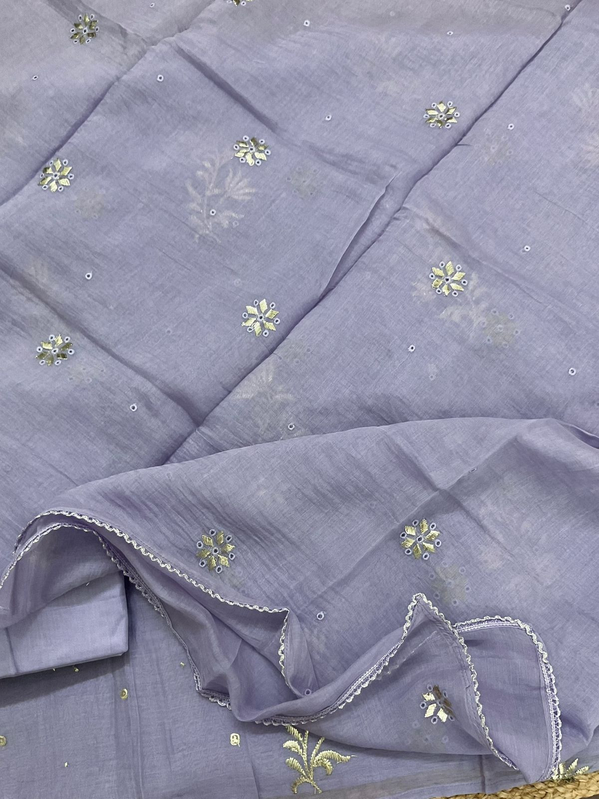 Pure Mul Chanderi Embroidered Suit - Lavender