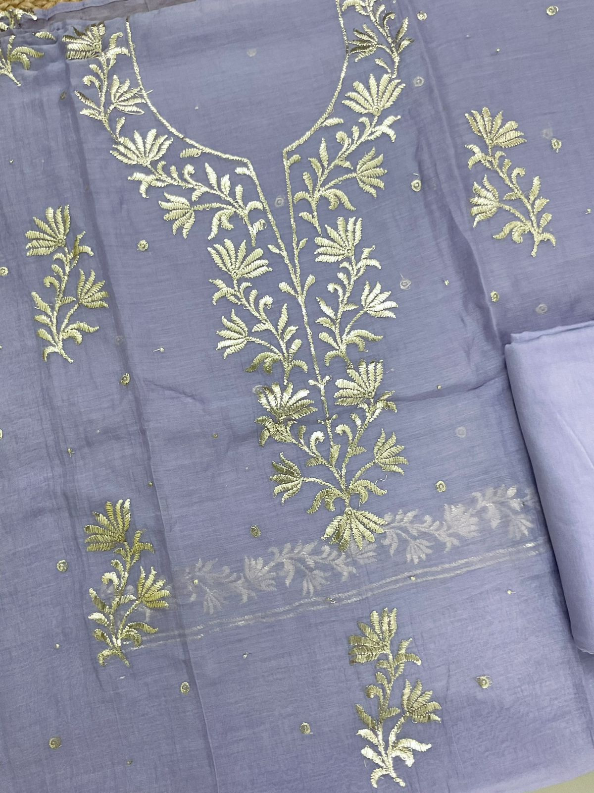 Pure Mul Chanderi Embroidered Suit - Lavender