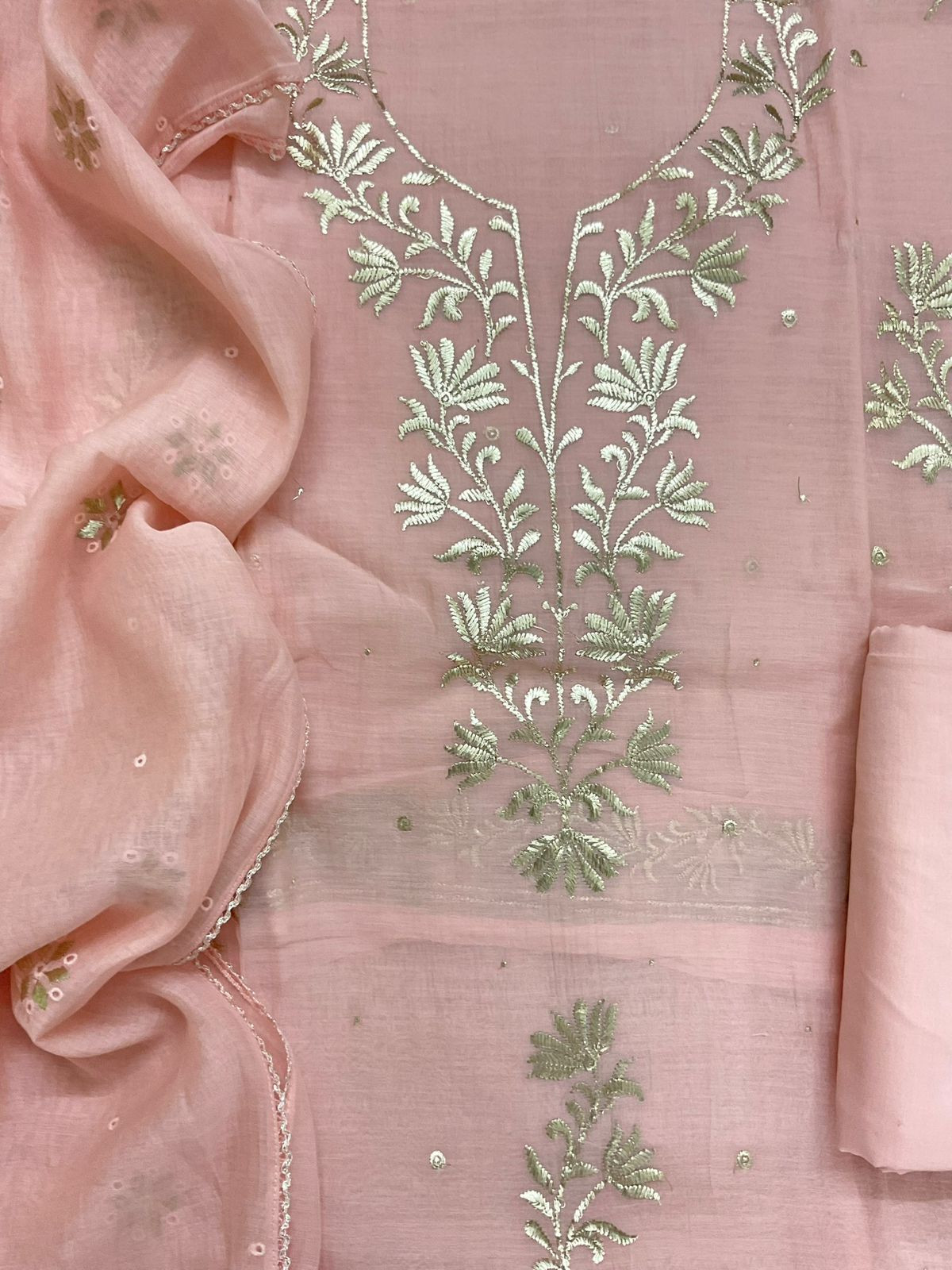Pure Mul Chanderi Embroidered Suit - Peach