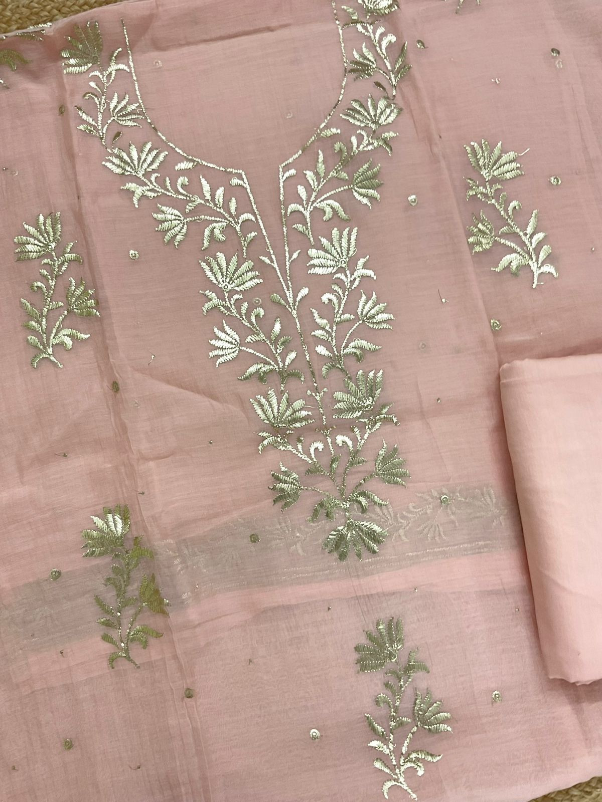 Pure Mul Chanderi Embroidered Suit - Peach