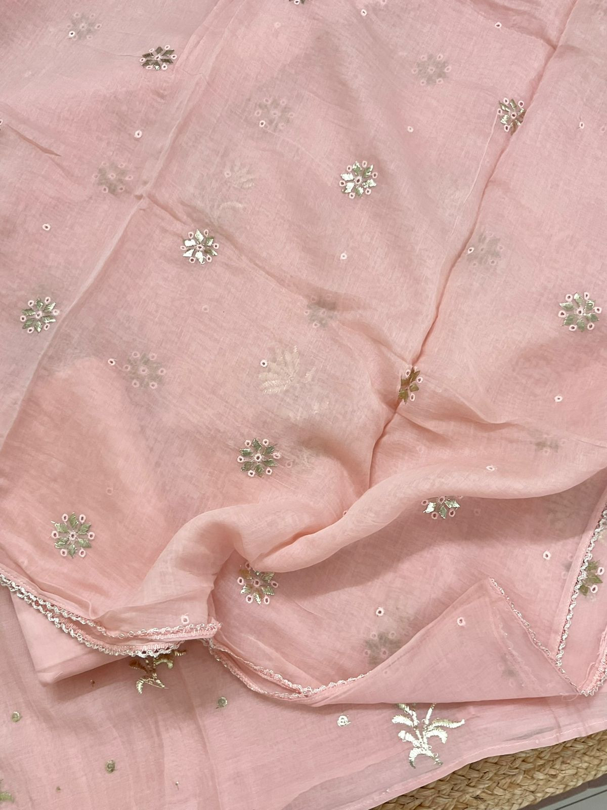 Pure Mul Chanderi Embroidered Suit - Peach