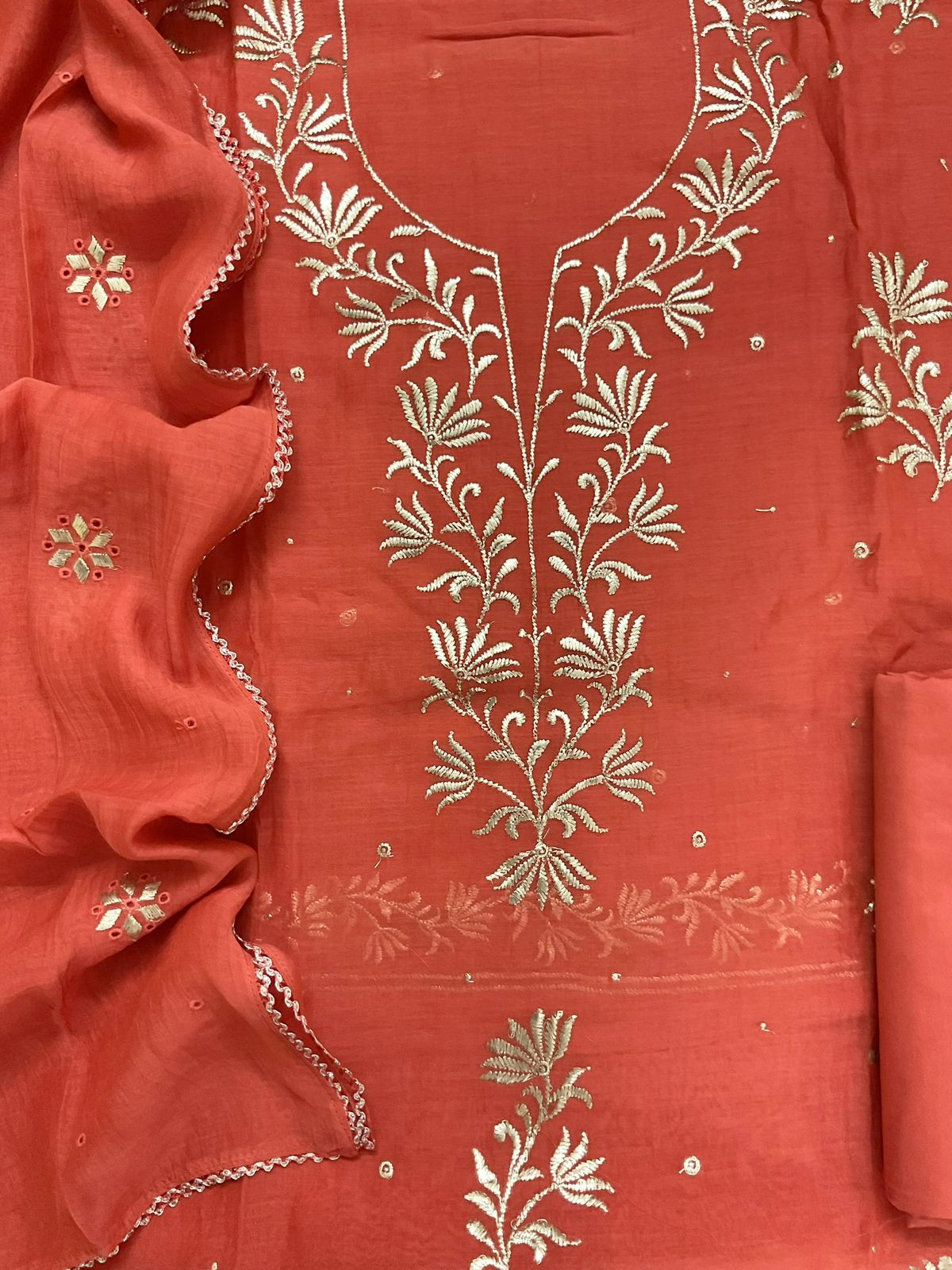 Pure Mul Chanderi Embroidered Suit - Orange
