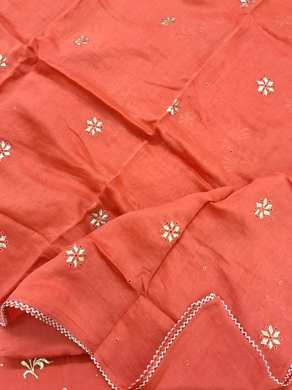 Pure Mul Chanderi Embroidered Suit - Orange