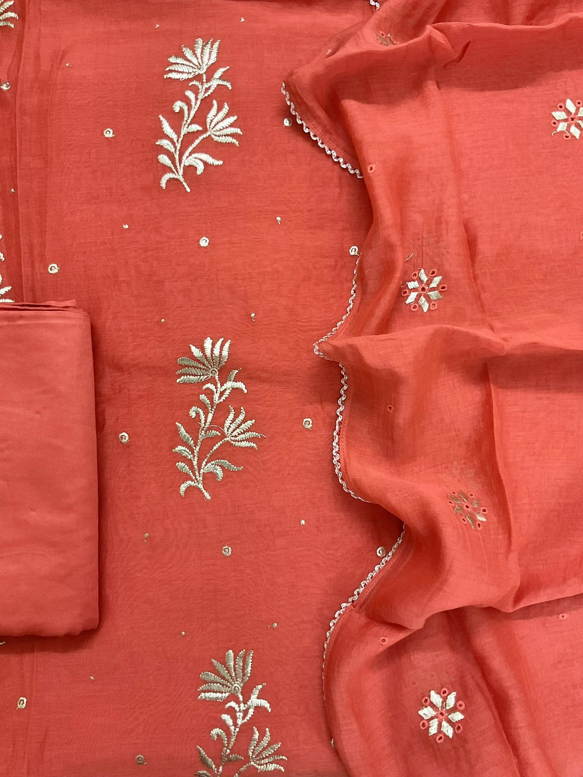 Pure Mul Chanderi Embroidered Suit - Orange