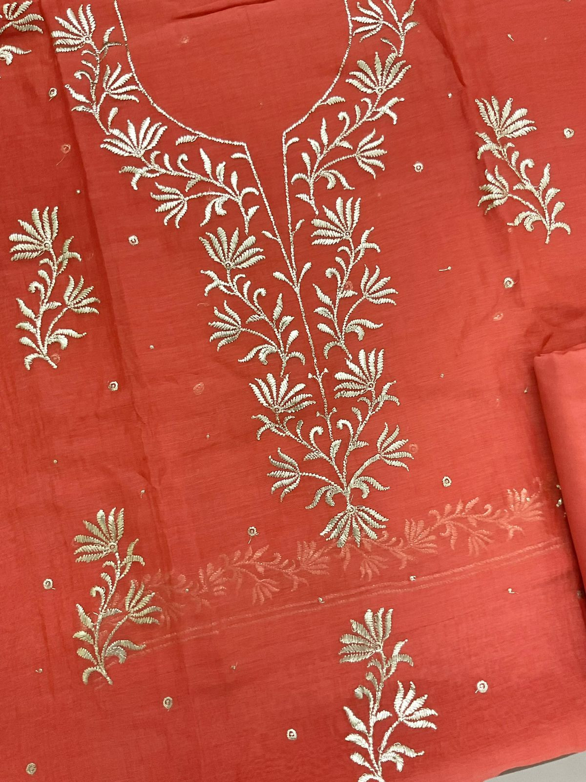 Pure Mul Chanderi Embroidered Suit - Orange