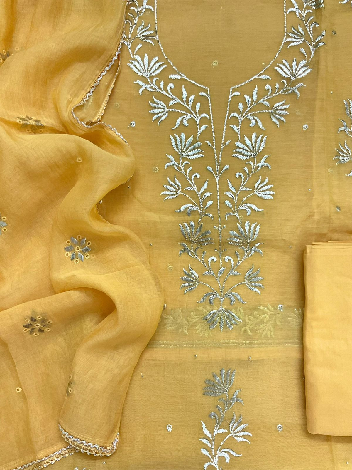 Pure Mul Chanderi Embroidered Suit - Yellow