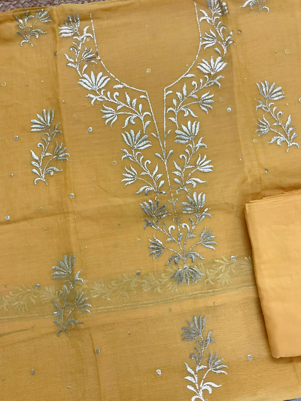 Pure Mul Chanderi Embroidered Suit - Yellow