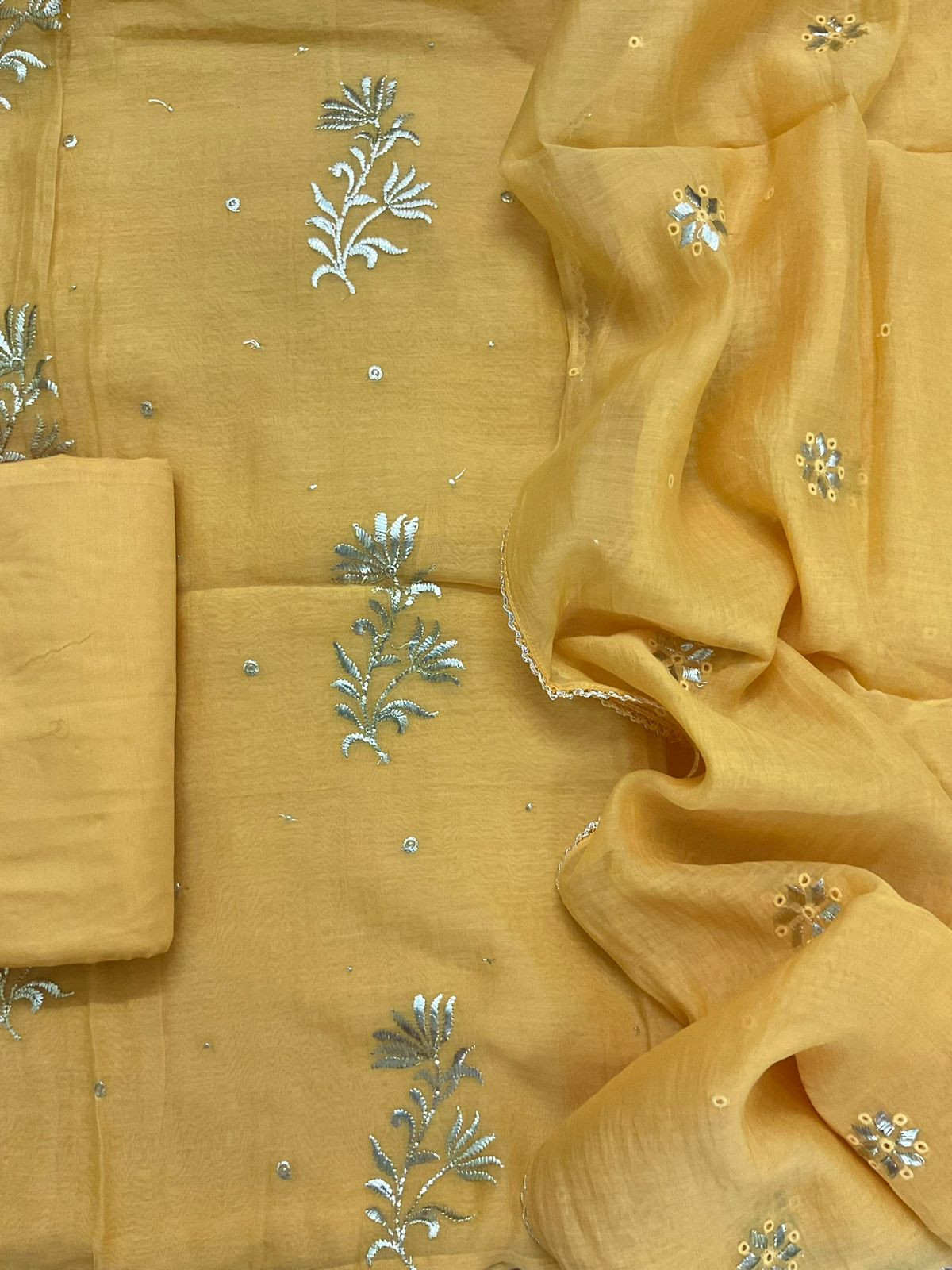 Pure Mul Chanderi Embroidered Suit - Yellow