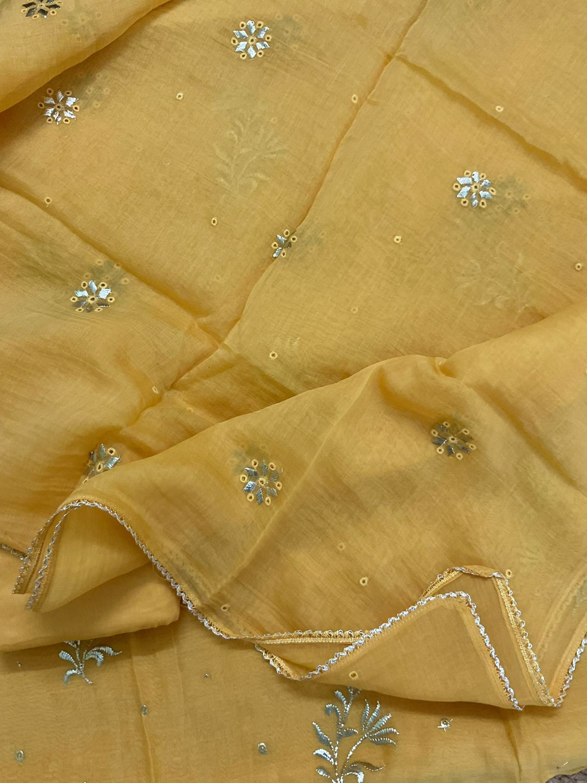 Pure Mul Chanderi Embroidered Suit - Yellow