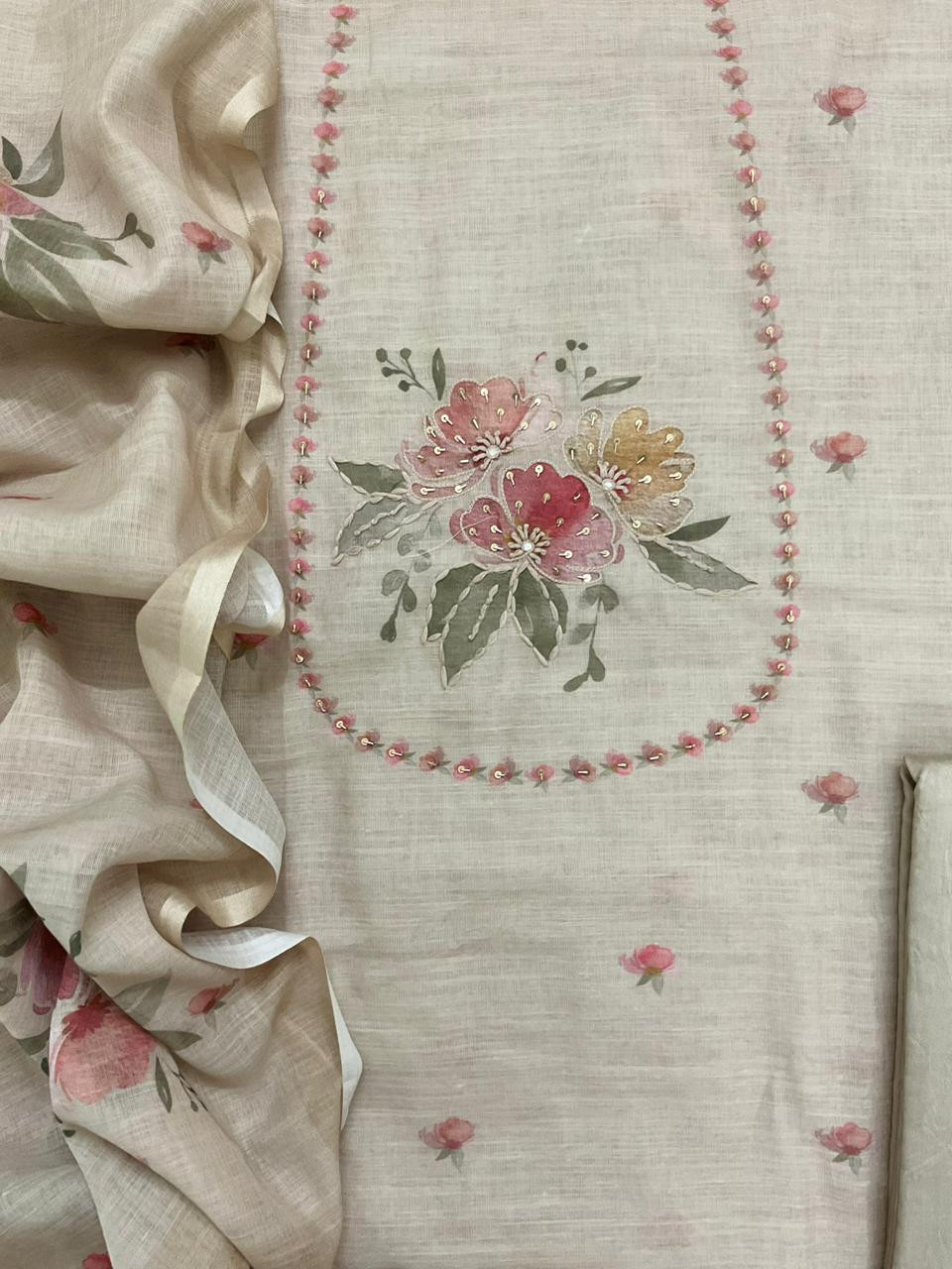 Soft Linen Jute Cotton Printed Embroidered Suit - Beige