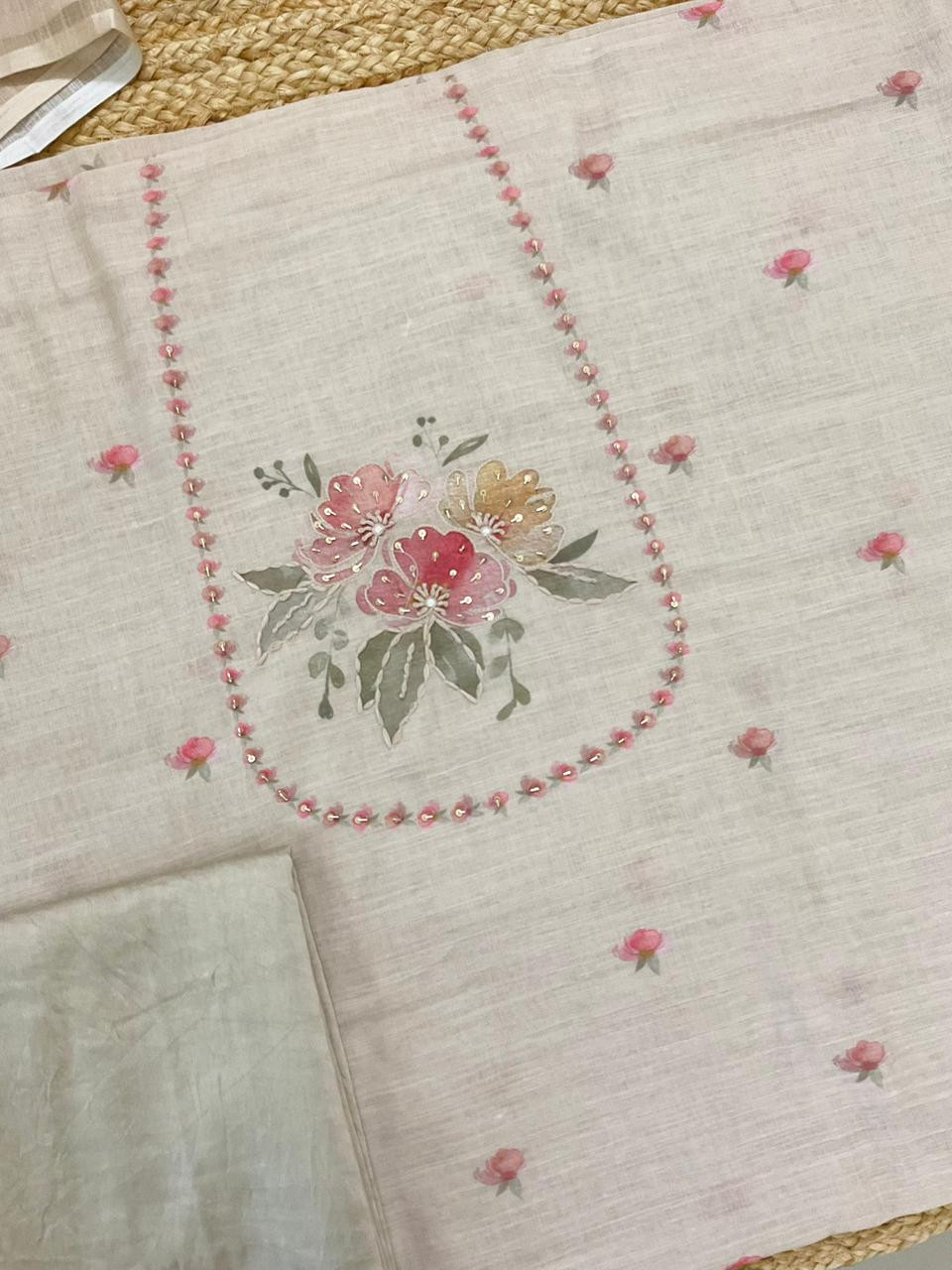 Soft Linen Jute Cotton Printed Embroidered Suit - Beige
