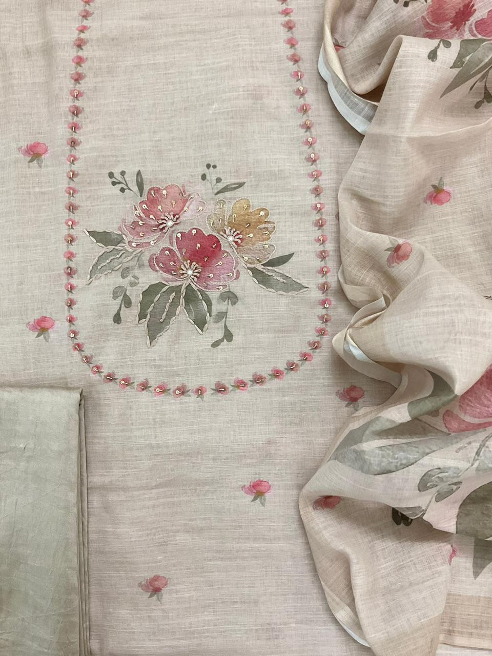 Soft Linen Jute Cotton Printed Embroidered Suit - Beige