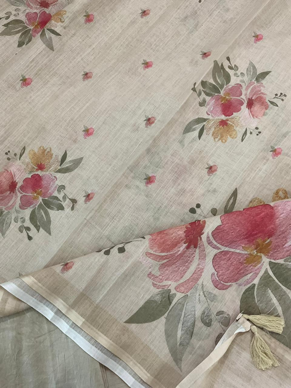 Soft Linen Jute Cotton Printed Embroidered Suit - Beige