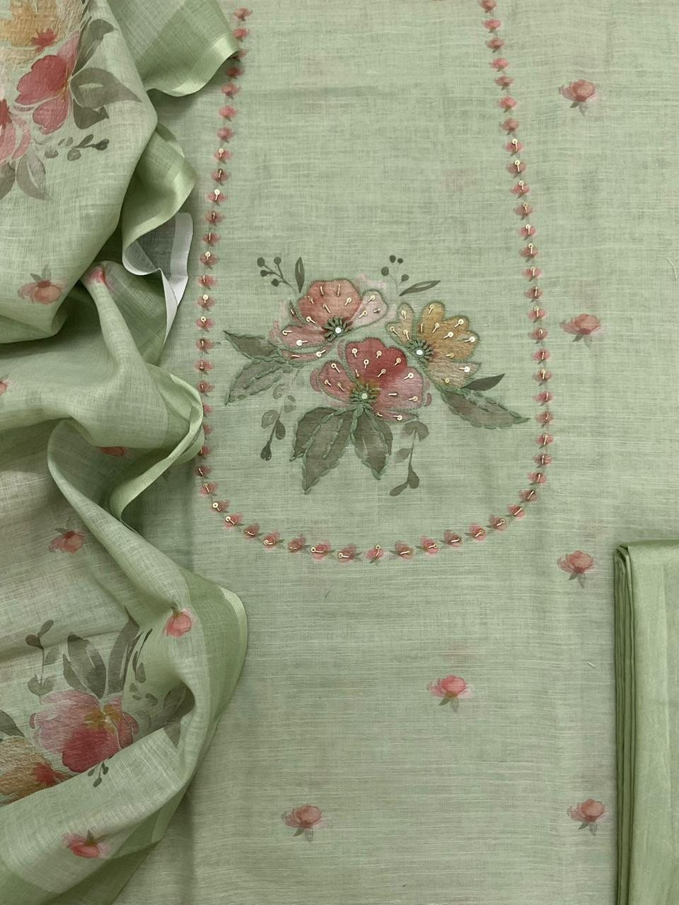 Soft Linen Jute Cotton Printed Embroidered Suit - Green