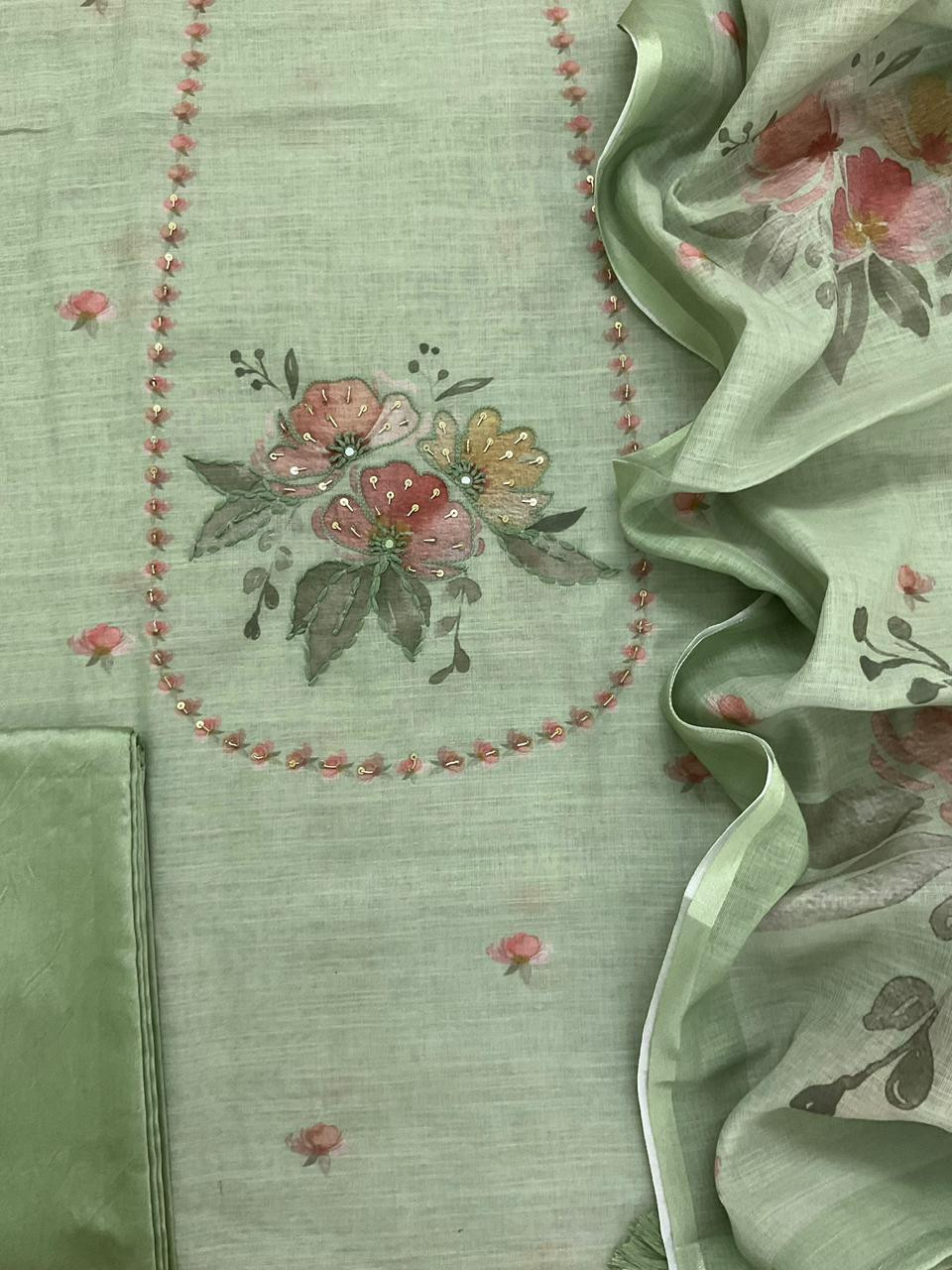 Soft Linen Jute Cotton Printed Embroidered Suit - Green