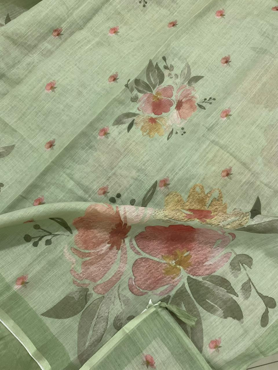 Soft Linen Jute Cotton Printed Embroidered Suit - Green