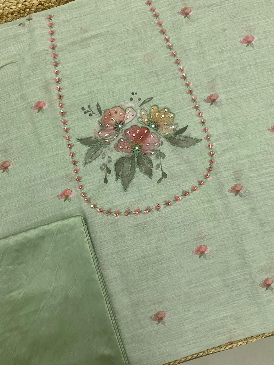 Soft Linen Jute Cotton Printed Embroidered Suit - Green