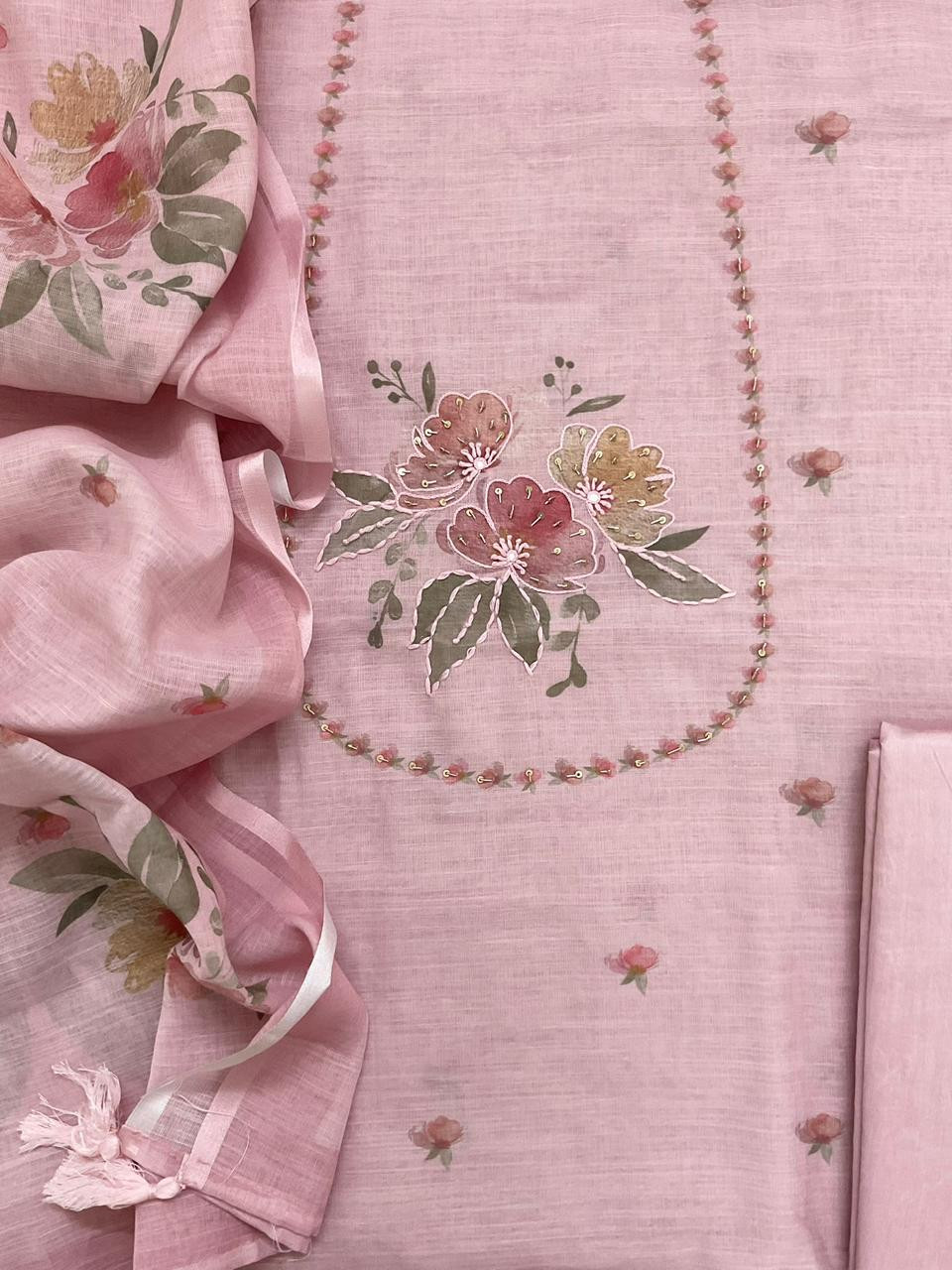 Soft Linen Jute Cotton Printed Embroidered Suit - Pink