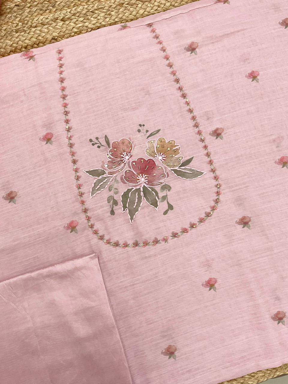 Soft Linen Jute Cotton Printed Embroidered Suit - Pink