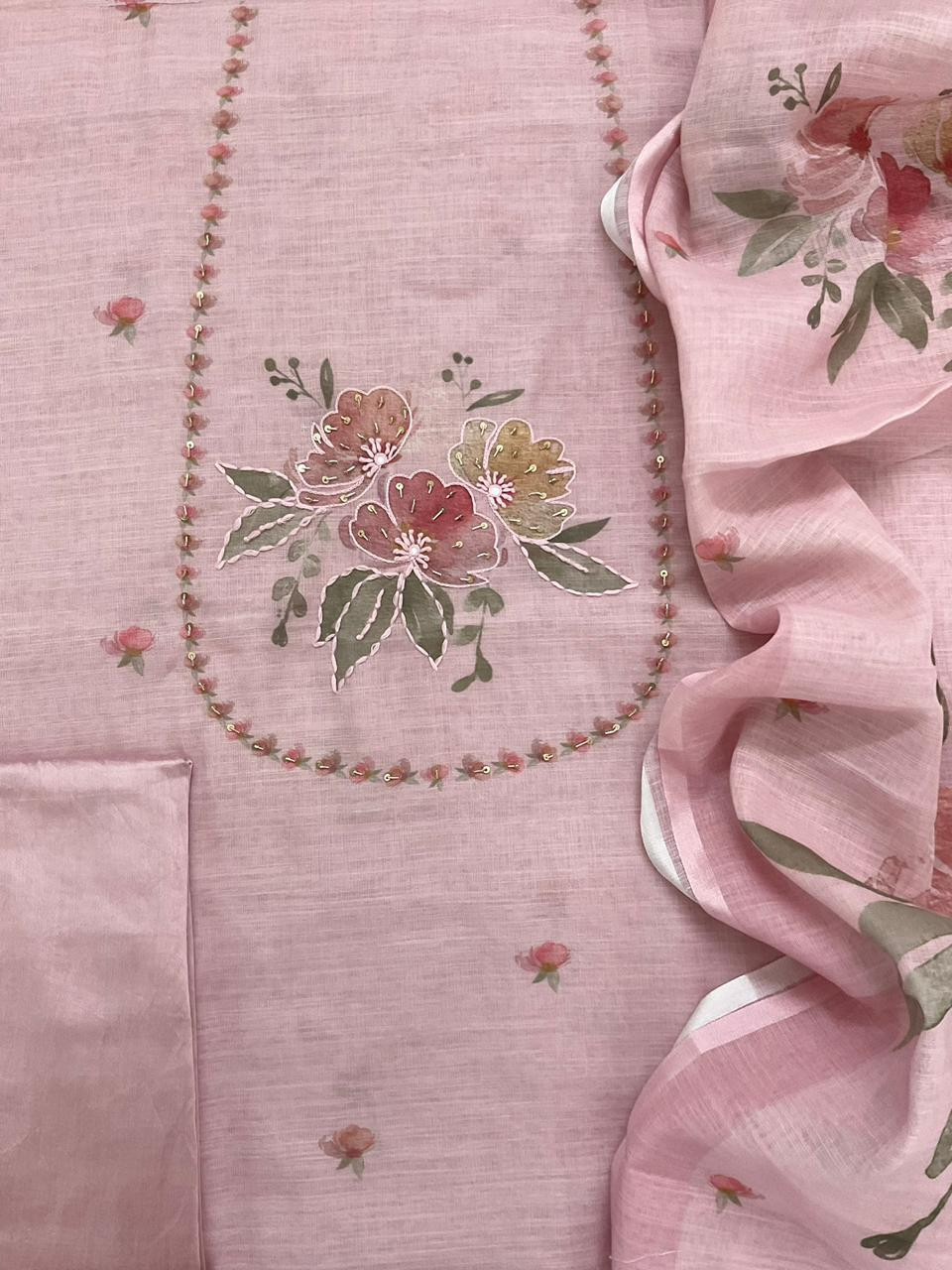 Soft Linen Jute Cotton Printed Embroidered Suit - Pink