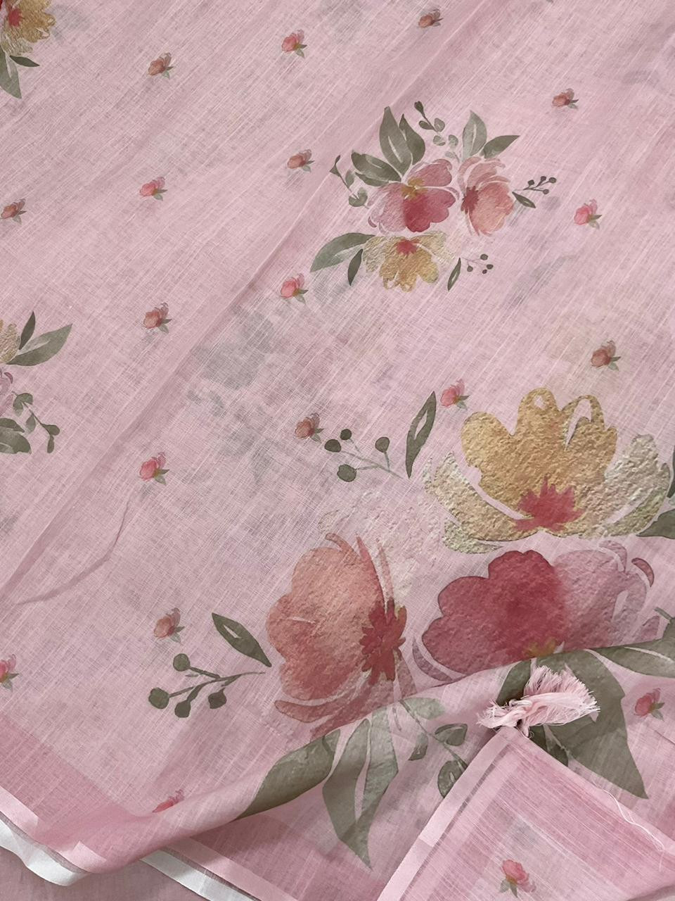 Soft Linen Jute Cotton Printed Embroidered Suit - Pink