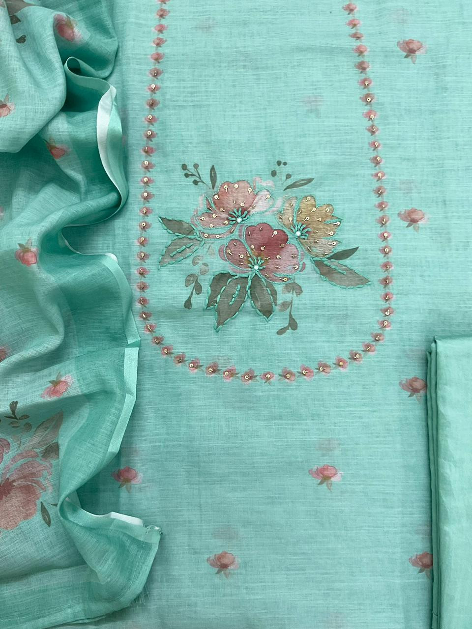 Soft Linen Jute Cotton Printed Embroidered Suit - Blue