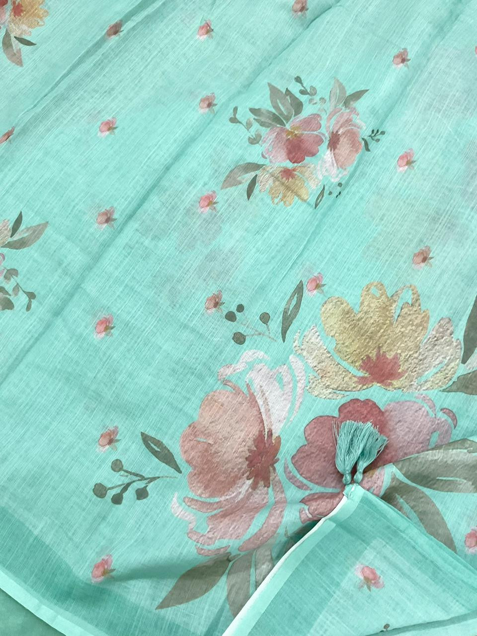 Soft Linen Jute Cotton Printed Embroidered Suit - Blue