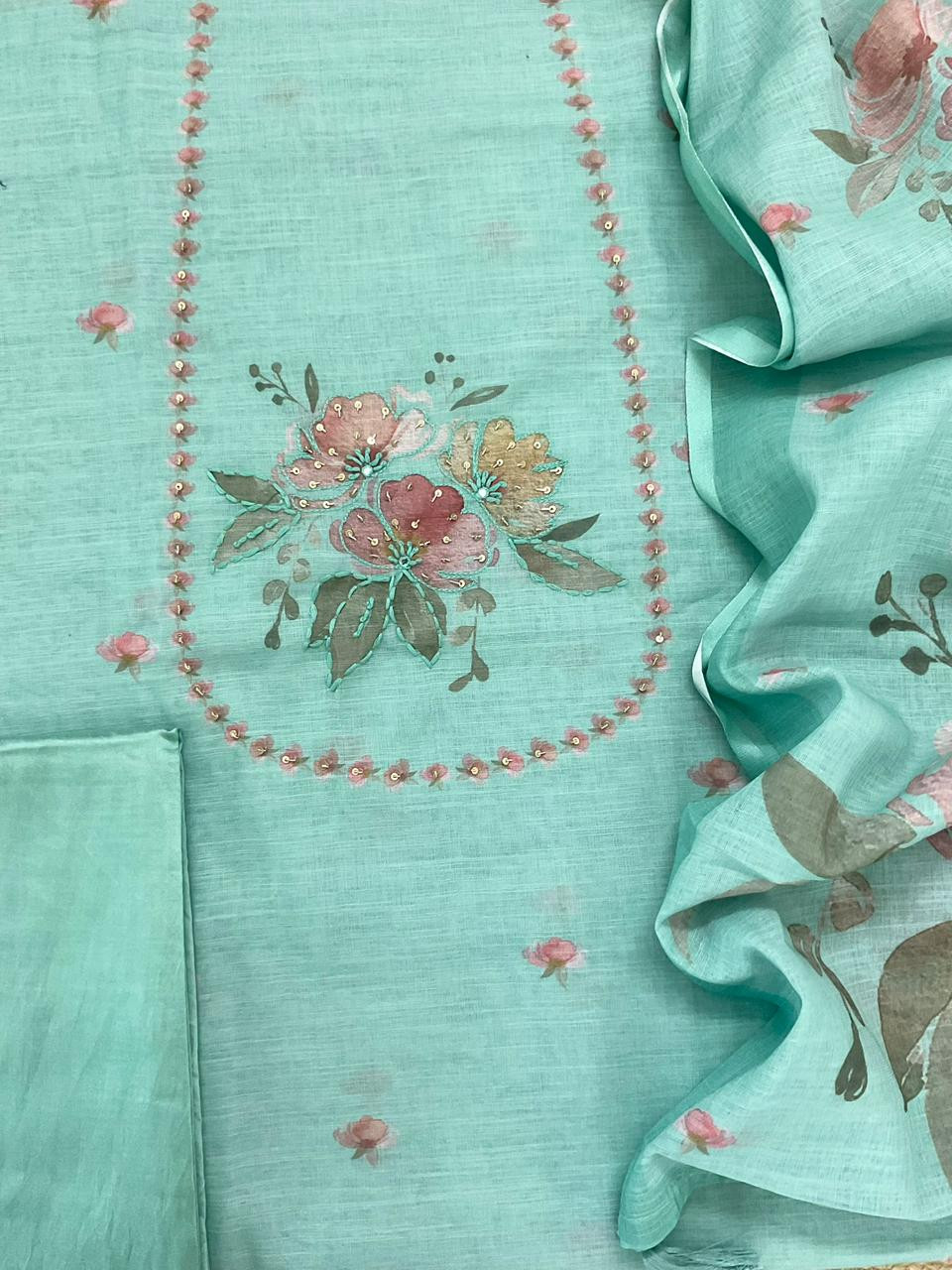 Soft Linen Jute Cotton Printed Embroidered Suit - Blue