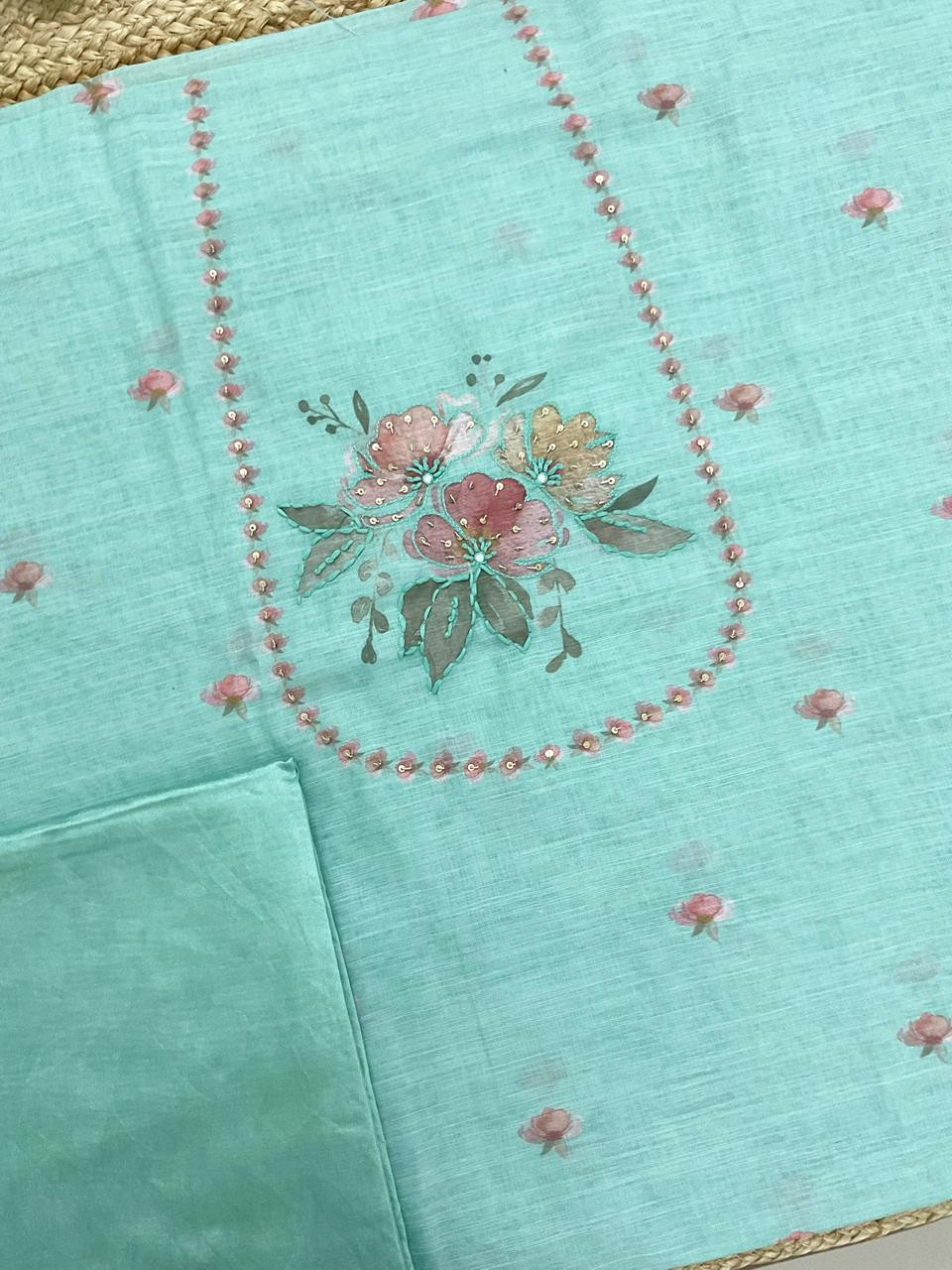 Soft Linen Jute Cotton Printed Embroidered Suit - Blue