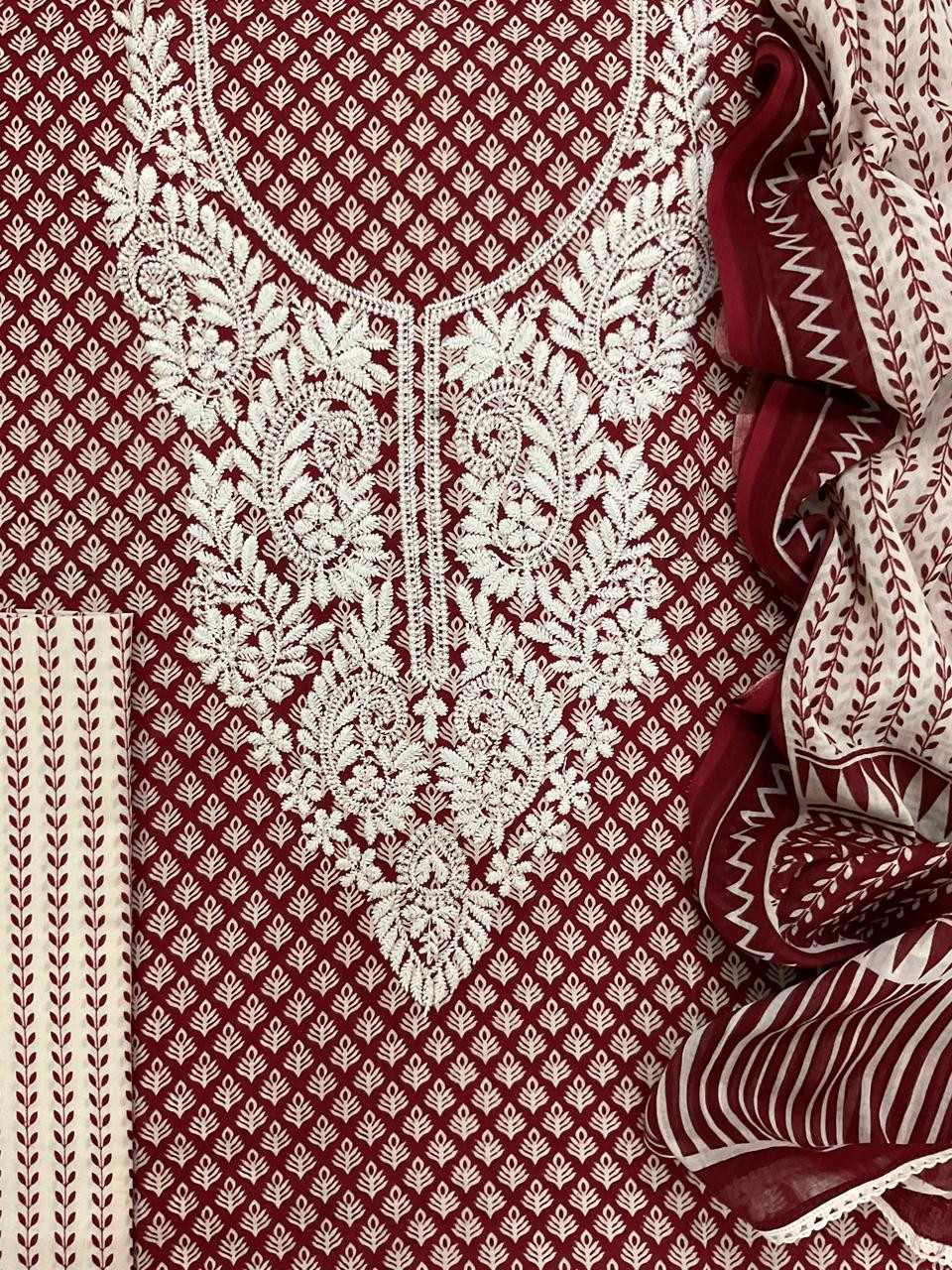 Pure Mul Cotton Printed Embroidered Suit - Maroon