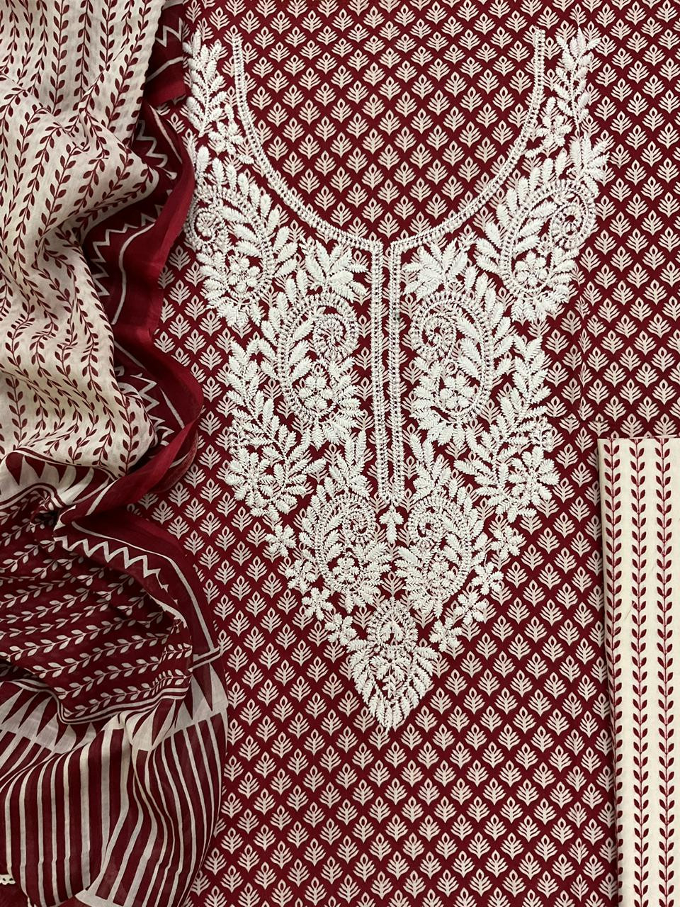 Pure Mul Cotton Printed Embroidered Suit - Maroon