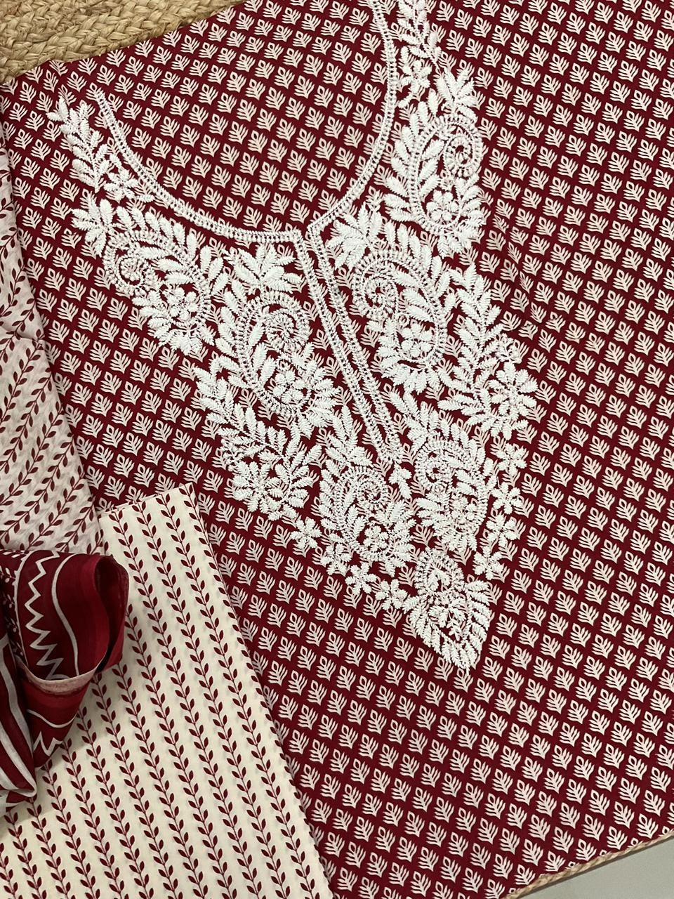 Pure Mul Cotton Printed Embroidered Suit - Maroon