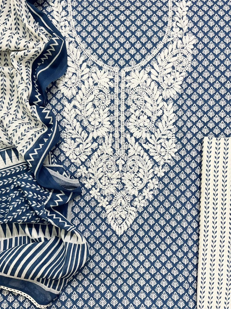 Pure Mul Cotton Printed Embroidered Suit - Blue