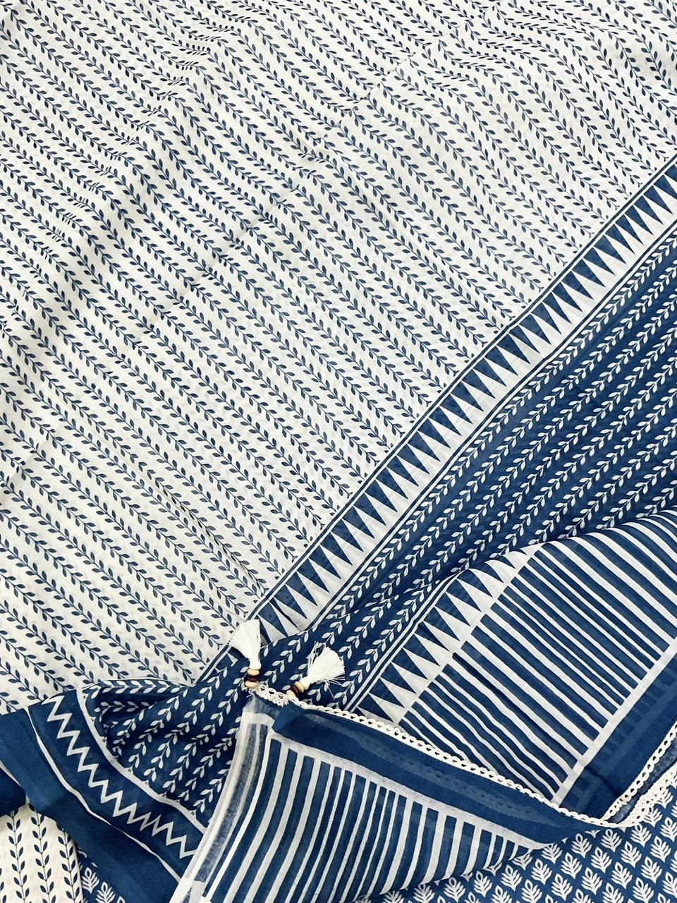 Pure Mul Cotton Printed Embroidered Suit - Blue