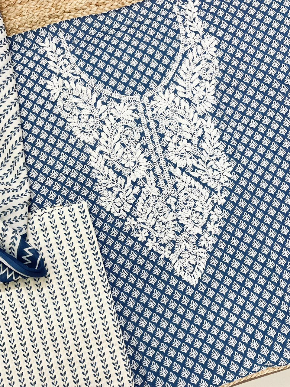 Pure Mul Cotton Printed Embroidered Suit - Blue