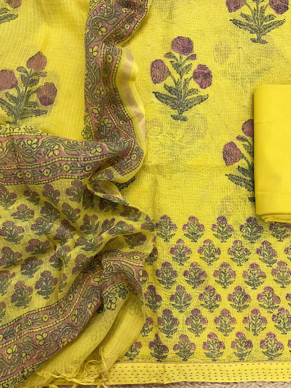 Pure Kota Cotton Block Printed Embroidered Suit - Yellow