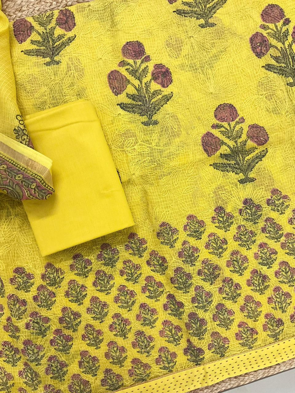 Pure Kota Cotton Block Printed Embroidered Suit - Yellow