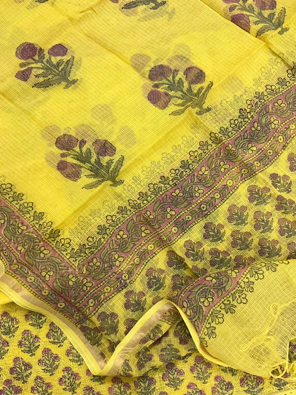 Pure Kota Cotton Block Printed Embroidered Suit - Yellow