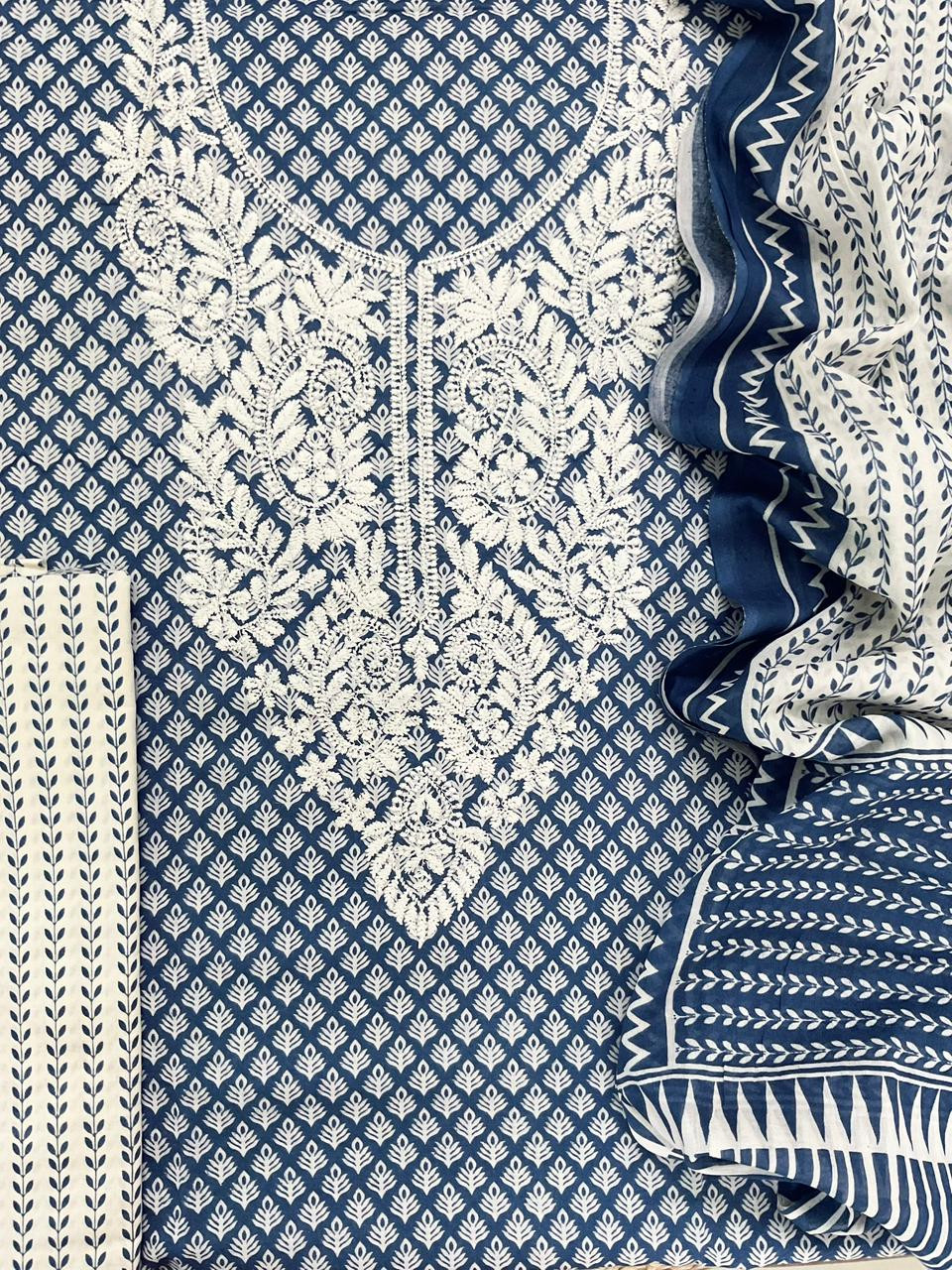 Pure Mul Cotton Printed Embroidered Suit - Blue